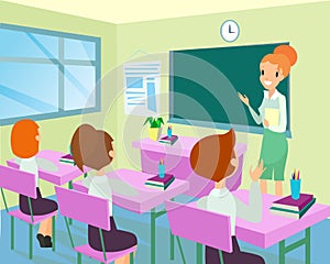 Vector illustration of teacher in classroom with kids. Female teacher standing near board in class, little children