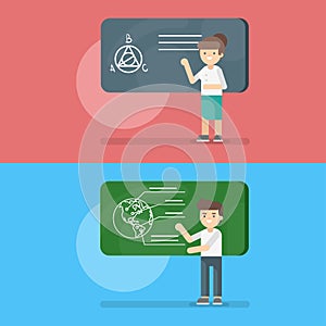 Vector illustration of teacher at the lesson of geometry and geography.