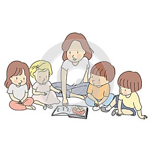 Vector illustration of teacher & little students reading books together. Early childhood development, learning & education