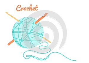 Vector illustration of teal blue yarn ball, crochet chain and crochet hooks in simple style. Needlework pattern, knitting stuff.