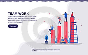 Vector illustration of team work & business growth concept with chart and tiny people. Illustration for landing page, social media
