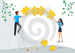 Vector illustration of teamwork business concept. Team metaphor. Group of people connecting puzzle objects. Flat design element