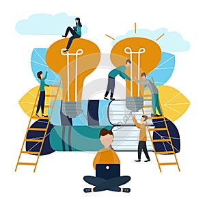 Vector illustration, teamwork, employees caught the idea, searching for new creative ideas