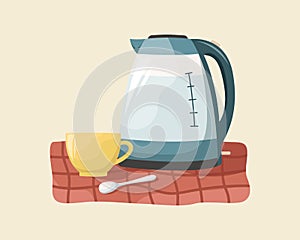 Vector illustration of a teapot and a ceramic cup on a tablecloth