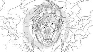 Vector illustration, teen boy wearing gas mask, polluted atmosphere