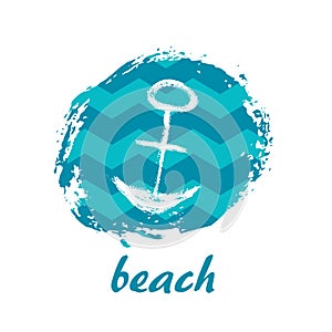 Vector Illustration. Template card with grunge anchor and text beach