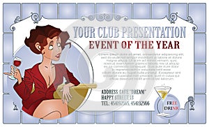 Vector Illustration. Template flyers. Funny girl with a glass of wine