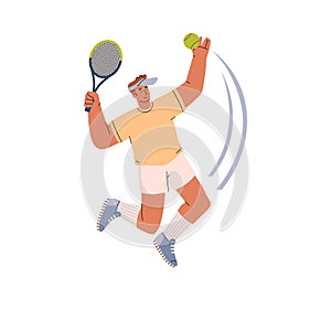Vector illustration of Tennis player man jumping hits the ball with a racket in doodle disproportionate characters