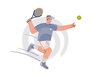 Vector illustration of Tennis player man with racket hits the ball in doodle disproportionate characters isolated on