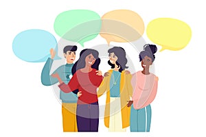 Vector illustration with text bubbles, flat style. Friends communicate, share news, rejoice. Ð¡artoon flat style.