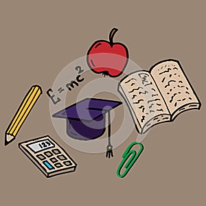 Set on a school theme. Vector illustration of a textbook, calculator, apple and pencil set on a school theme