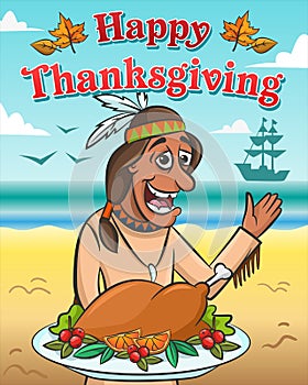 Vector illustration for thanksgiving day. Happy native american with baked turkey against the ocean.