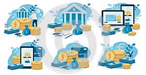 Vector illustration on the theme of banks, money, financial services, exchange rates. set of flat illustrations