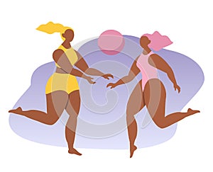 Vector illustration on the theme of body positive, beach holiday. two joyful girls in bathing suits play ball.