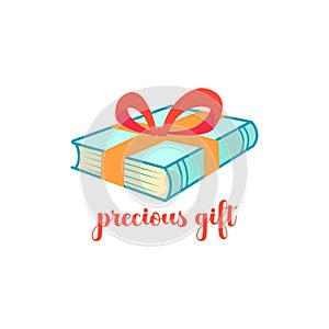 Vector illustration on the theme of book gift. Book wrapped in festive ribbon on white background