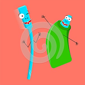 Vector illustration on the theme of brushing teeth and oral hygiene funny toothbrush and a tube of toothpaste with wide smiles