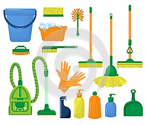 Vector illustration on the theme of cleaning with different types of vacuum cleaners, mops and detergents.