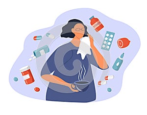 Vector illustration on the theme of common cold, treatment in flat style. the girl blows her nose into a handkerchief