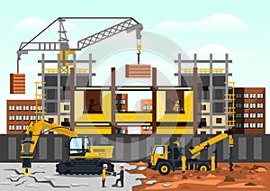 Vector illustration on the theme of a construction site. Construction of the building on background of the city