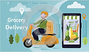 Vector illustration on the theme of delivery of grocery, banner for the site. a courier on a scooter carries a box of food.