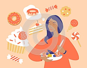 Vector illustration on the theme of diets, eating disorders. sad girl eats salad and dreams of sweets, desserts and pastries.