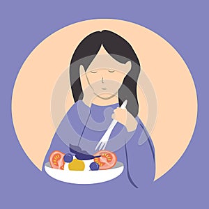 Vector illustration on the theme of diets, eating disorders. sad girl and a plate of salad