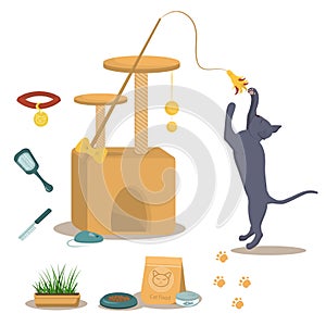 Vector illustration on the theme of domestic cats. A British grey cat in a jump along with a cat house