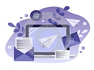 Vector illustration on the theme of emails. laptop screen and letters, envelopes.