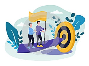 Vector illustration on the theme of goal achievement, motivation. people strive for a common goal.