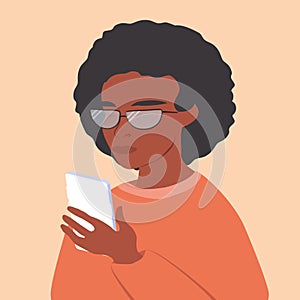 Vector illustration on the theme of online communication, internet surfing - a black woman looks at the smartphone screen.