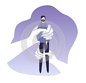 Vector illustration on the theme of paralyzing fears, mental disorders, helplessness. the man is squeezed by huge hands