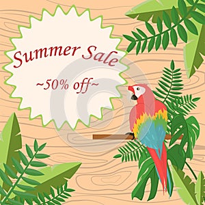 Vector illustration on the theme of a summer sale in a tropical style with a tropical parrot sitting on a branch
