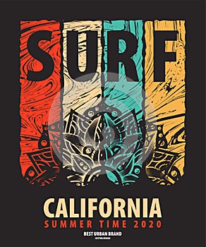 Vector illustration on the theme of surf rider and surfing in California