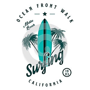 Vector illustration on the theme of surf and surfing in Californiai, Malibu Beach. Vintage design. Grunge background. Typography,