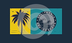 Vector illustration on the theme of surfing and surf in california. Grunge background. Sport typography, t-shirt graphics, print,