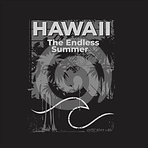 Vector illustration on the theme of surfing and surf in Hawaii. Palm Beach. Vintage design. Grunge background . the endless summer