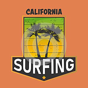 Vector illustration on the theme of surfing and surf rider in California, Venice beach. Stamp typography, t-shirt