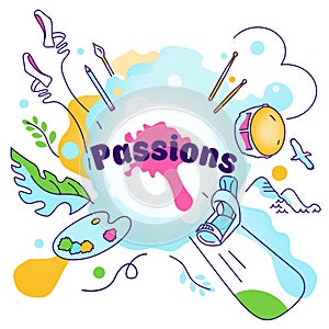 Vector illustration on the theme of various interests, hobbies, passion of people. Sport, art, ballet, skateboarding, mountains,