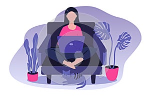 Vector illustration on the theme of work from home, home office, work and study online. female character is sitting on a chair