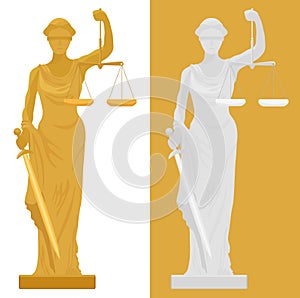 Vector illustration of Themis Femida statue in two color styles.