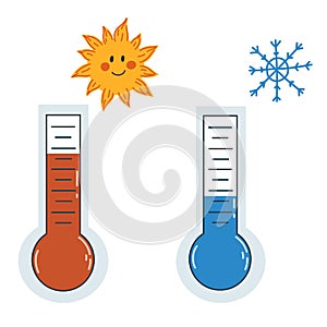 Vector illustration with thermometers in flat style isolated on white. Hot and cold weather icons, summer heat, global