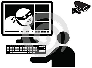 Vector illustration of thief caught on camera surveillance and w