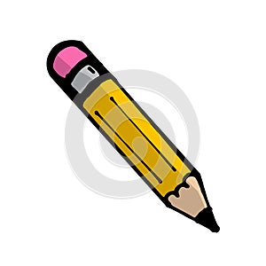 Vector illustration of thin black outline yellow pencil with eraser on white background. hand drawn vector. modern scribble for ki
