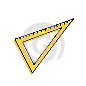 vector illustration of thin black outline yellow triangle ruler isolated on white background. hand drawn vector. doodle stationery