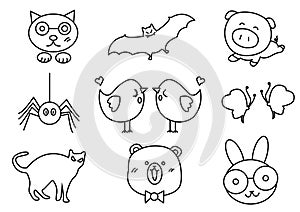 Vector illustration of thin line icons for Dog,Bat,Pig,Spider,Bird,Butterfly,Cat,Bear,Rabbit. Linear symbols set