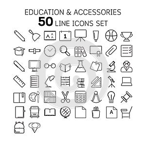 Vector illustration of thin line icons for education and accessories.