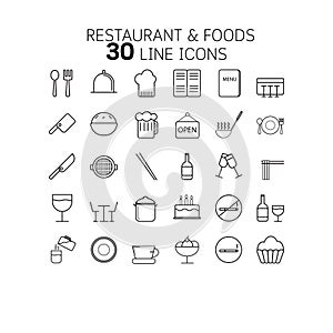Vector illustration of thin line icons for restaurant and foods.