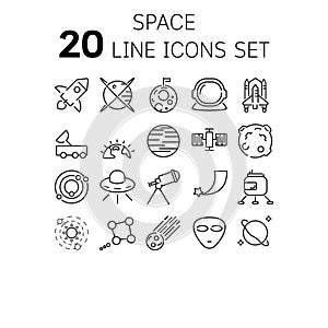 Vector illustration of thin line icons for space .
