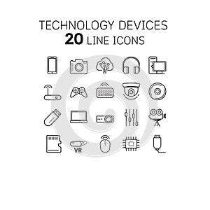 Vector illustration of thin line icons for technology .