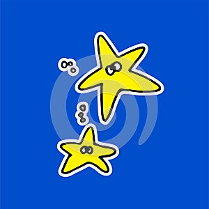Vector illustration of thin white outline bright yellow starfish with eyes and bubble isolated on blue background. modern scribble